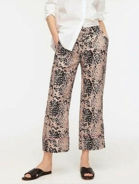 J Crew High Rise Peyton Pants Leopard Print Wide Leg Cropped Linen Tencel Size 2